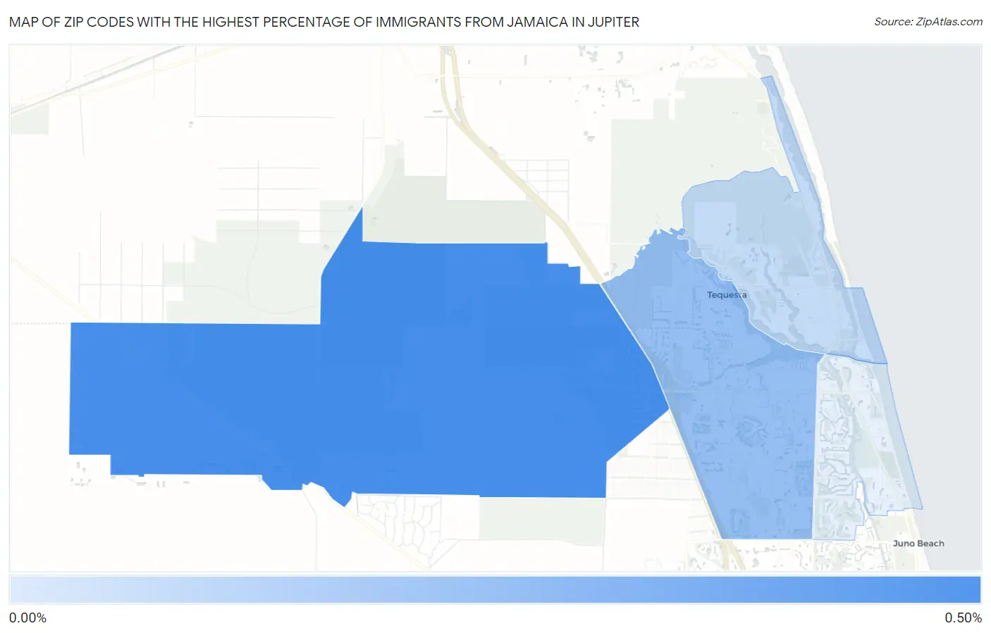 Zip Codes with the Highest Percentage of Immigrants from Jamaica in Jupiter Map