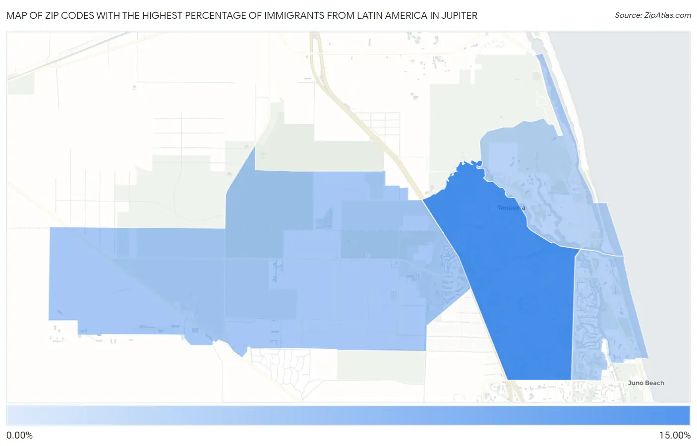 Zip Codes with the Highest Percentage of Immigrants from Latin America in Jupiter Map