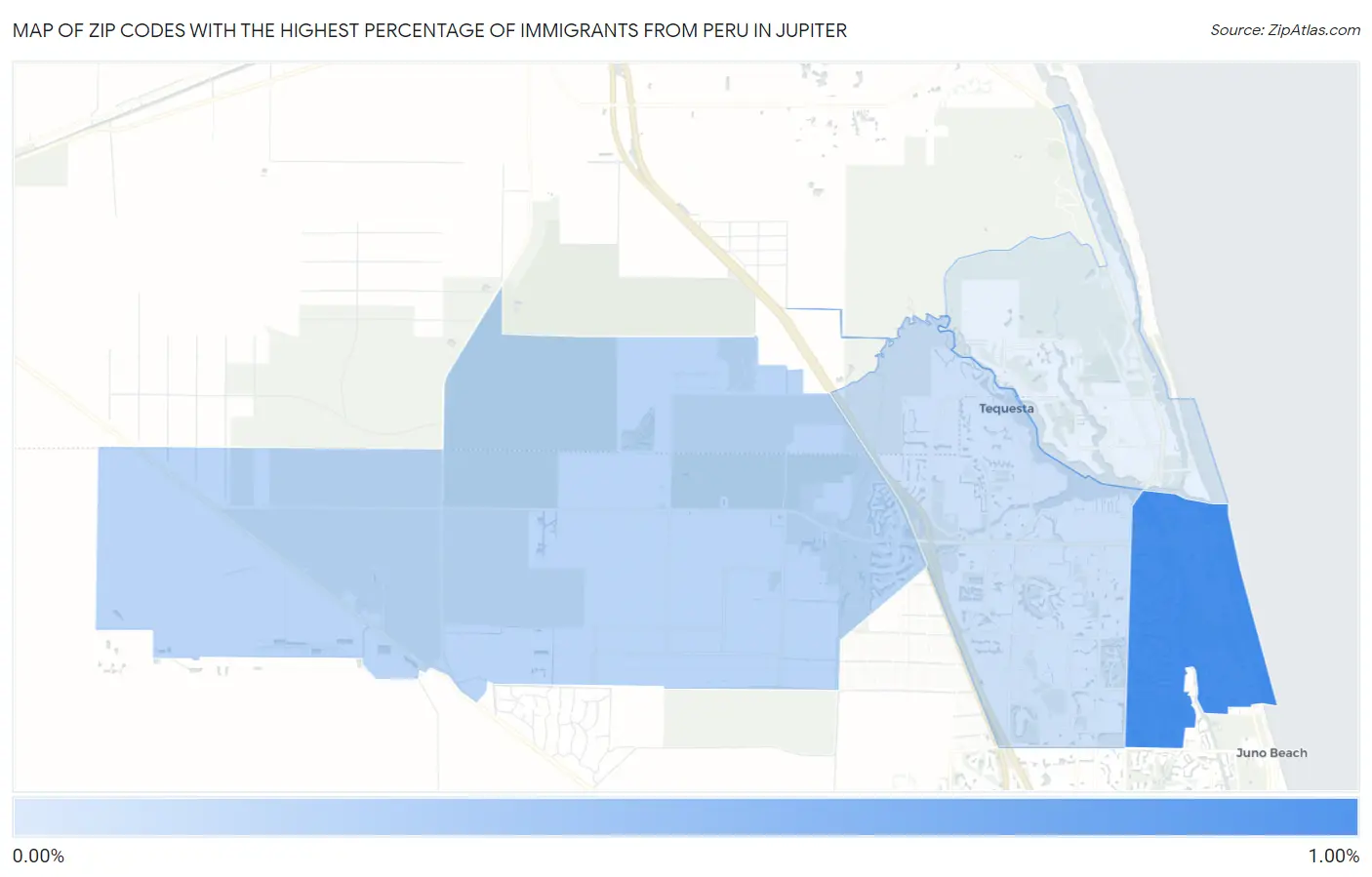 Zip Codes with the Highest Percentage of Immigrants from Peru in Jupiter Map
