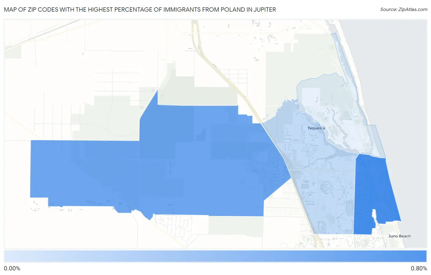 Zip Codes with the Highest Percentage of Immigrants from Poland in Jupiter Map