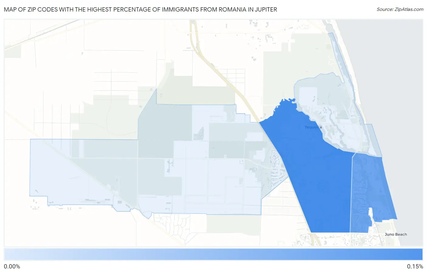 Zip Codes with the Highest Percentage of Immigrants from Romania in Jupiter Map