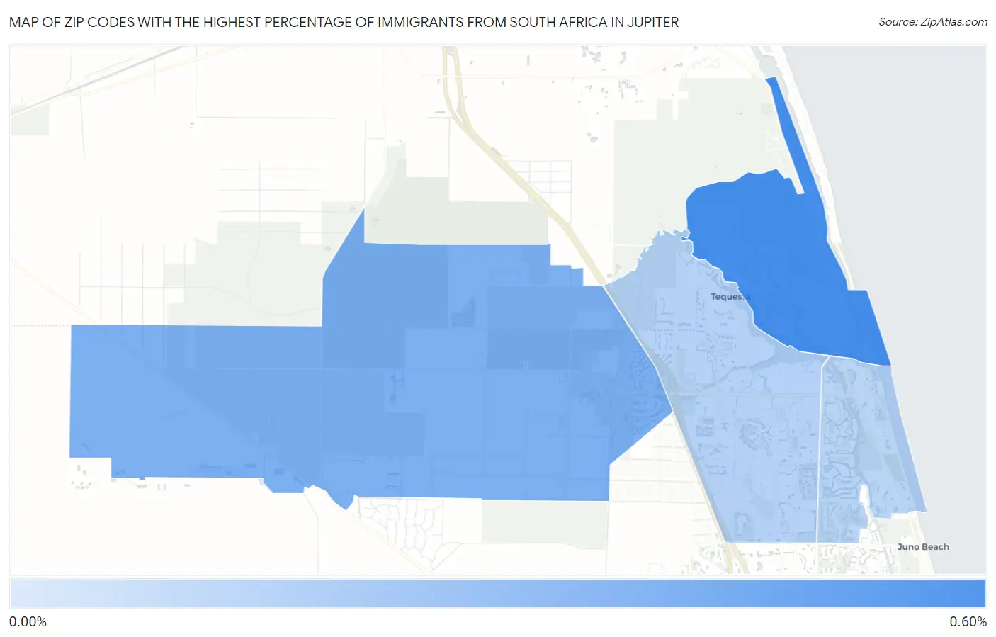 Zip Codes with the Highest Percentage of Immigrants from South Africa in Jupiter Map