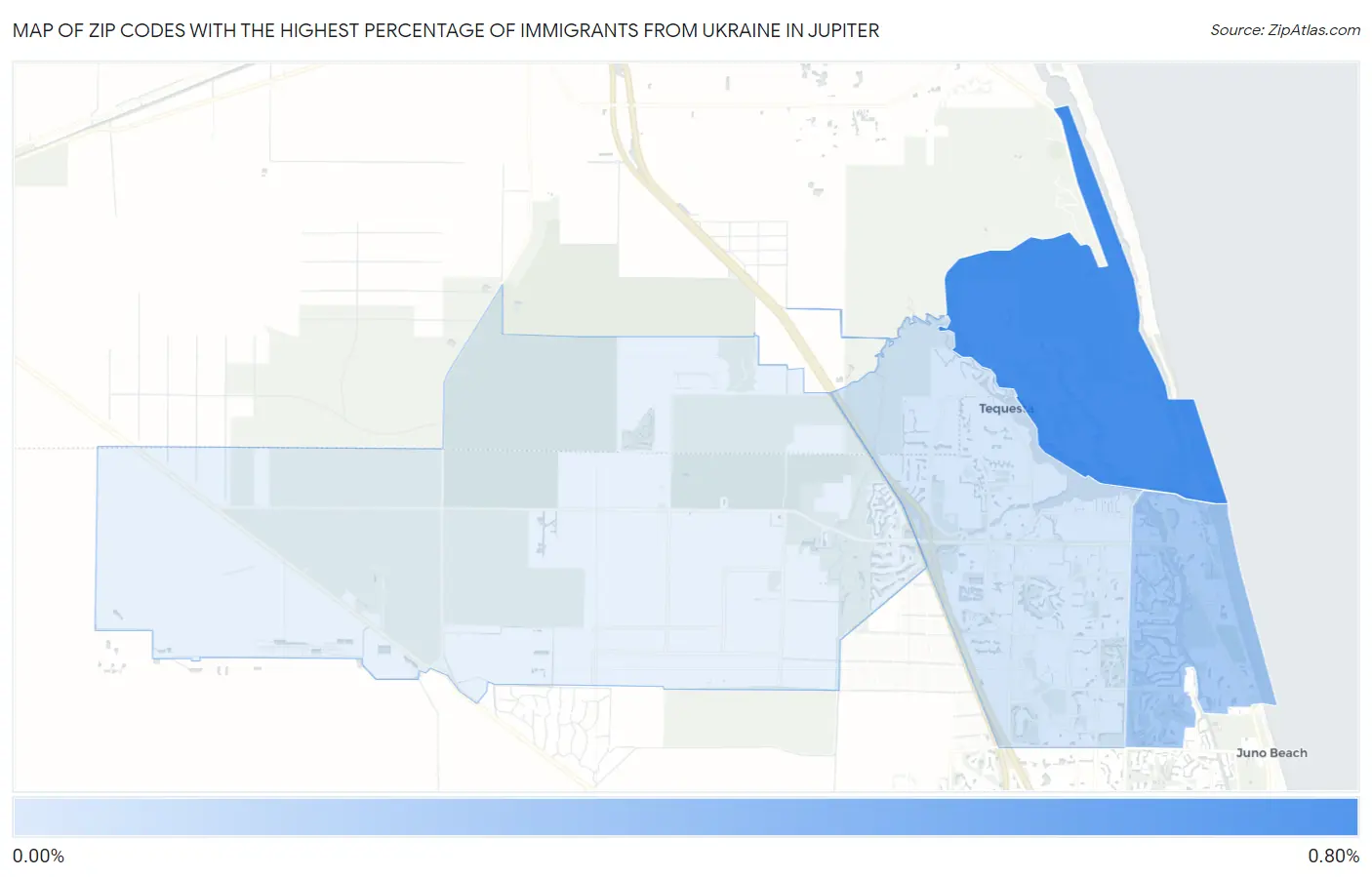 Zip Codes with the Highest Percentage of Immigrants from Ukraine in Jupiter Map