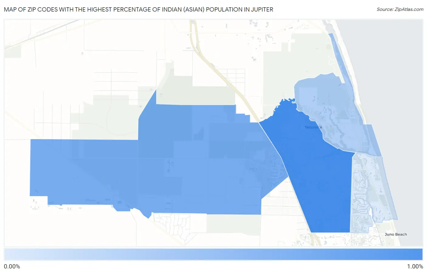 Zip Codes with the Highest Percentage of Indian (Asian) Population in Jupiter Map