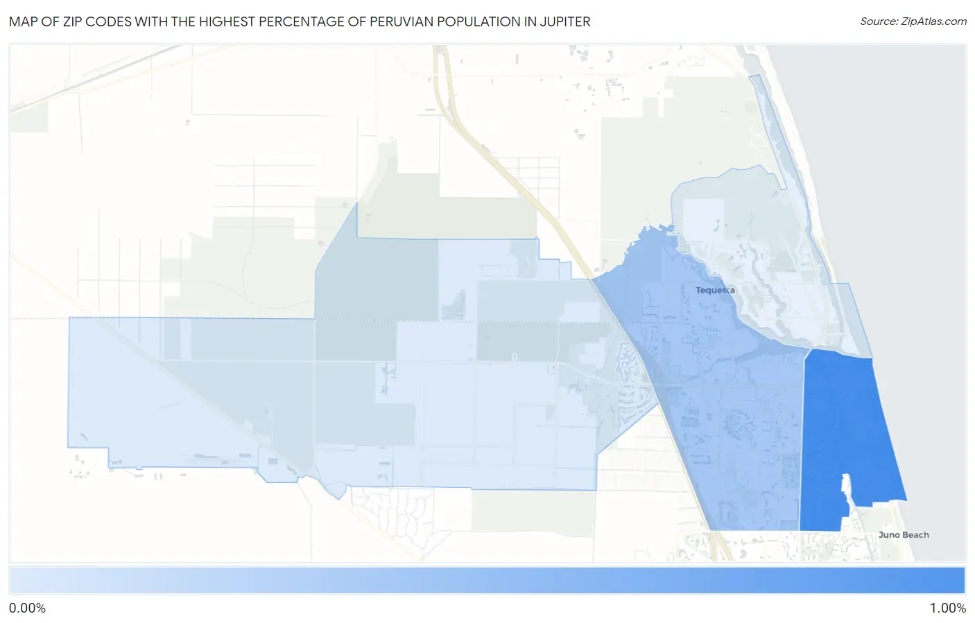 Zip Codes with the Highest Percentage of Peruvian Population in Jupiter Map