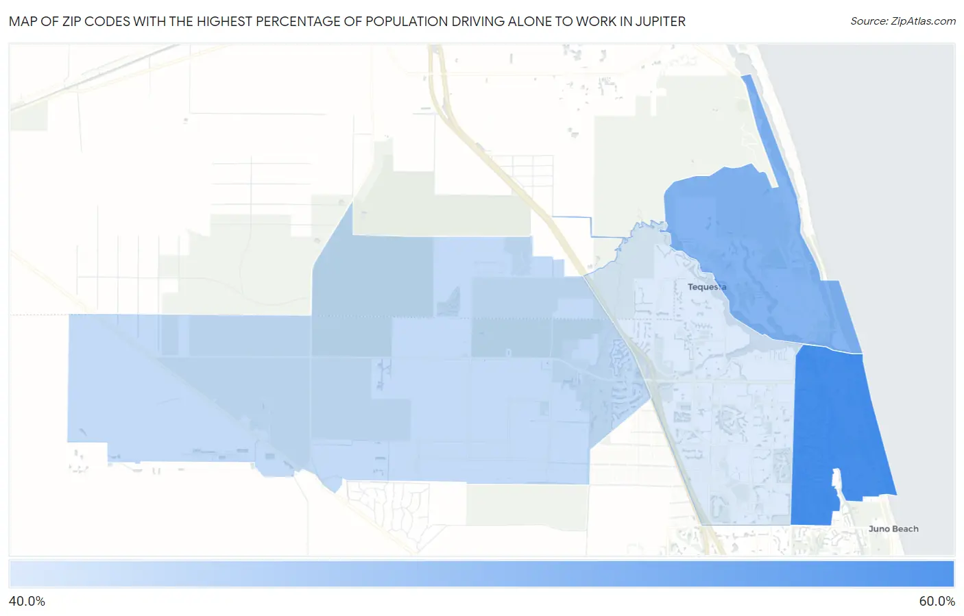 Zip Codes with the Highest Percentage of Population Driving Alone to Work in Jupiter Map