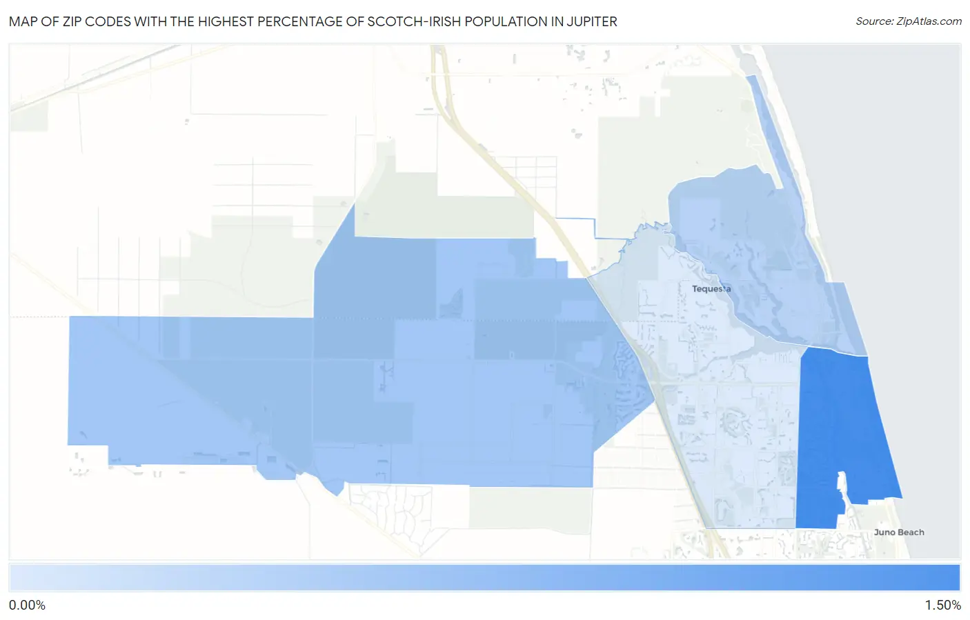 Zip Codes with the Highest Percentage of Scotch-Irish Population in Jupiter Map
