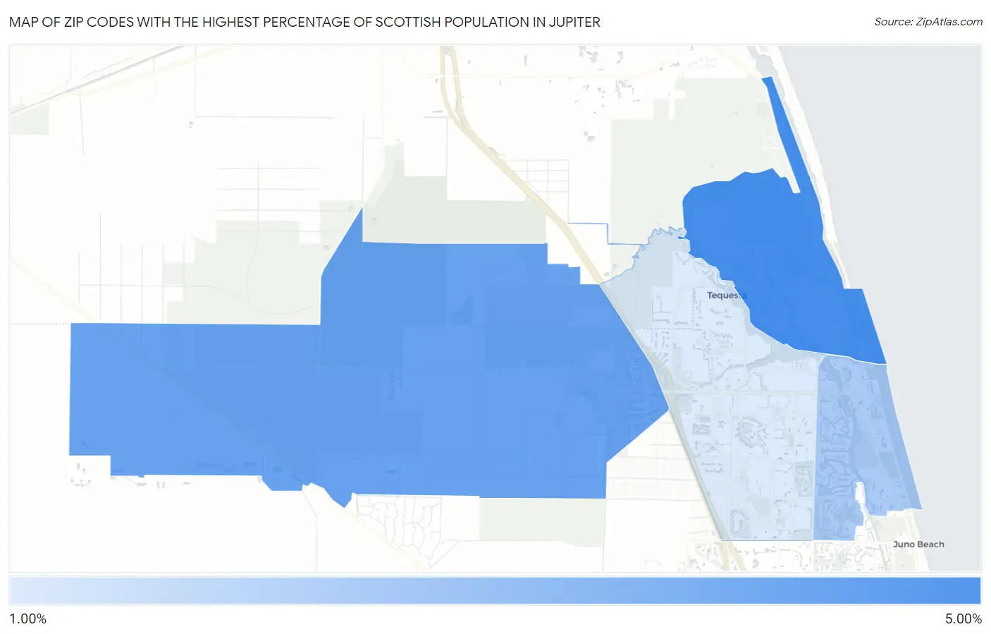 Zip Codes with the Highest Percentage of Scottish Population in Jupiter Map