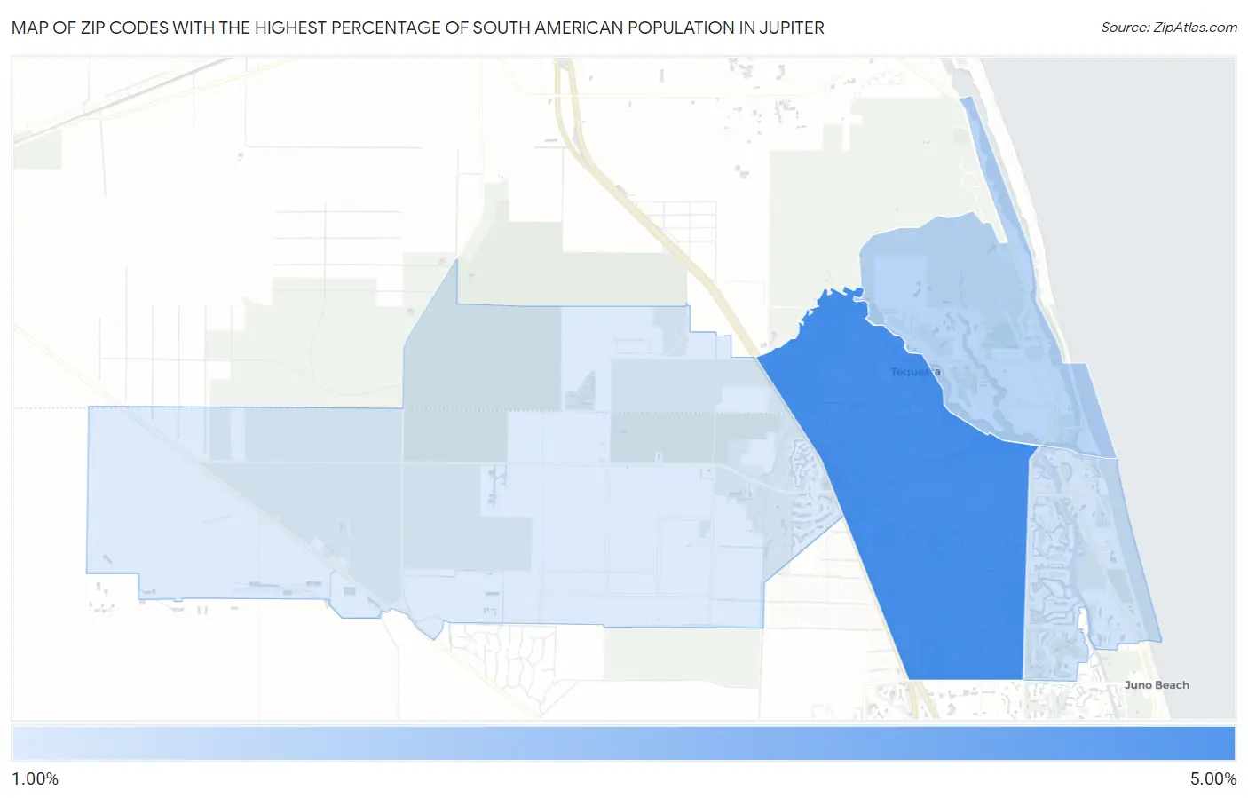 Zip Codes with the Highest Percentage of South American Population in Jupiter Map