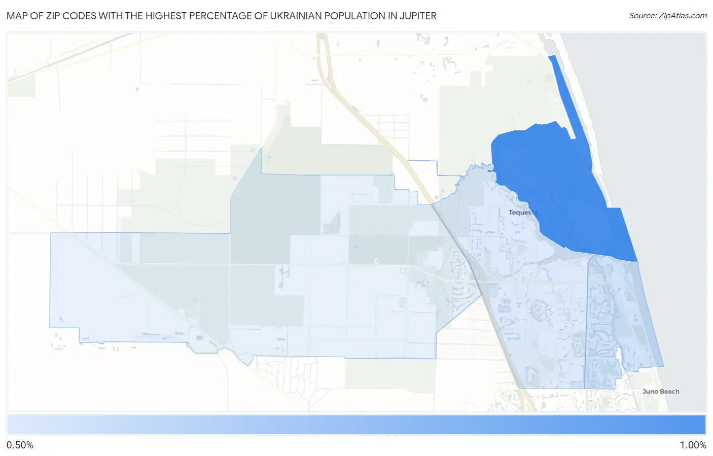 Zip Codes with the Highest Percentage of Ukrainian Population in Jupiter Map
