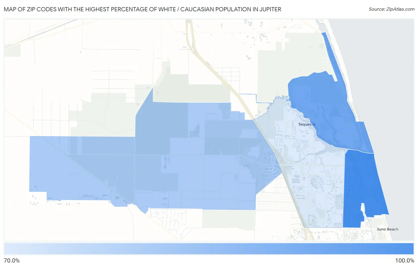 Zip Codes with the Highest Percentage of White / Caucasian Population in Jupiter Map