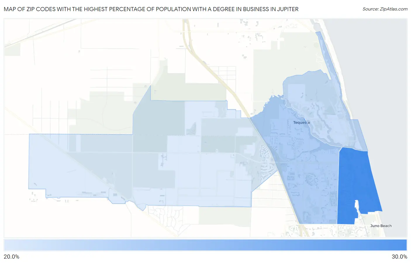 Zip Codes with the Highest Percentage of Population with a Degree in Business in Jupiter Map