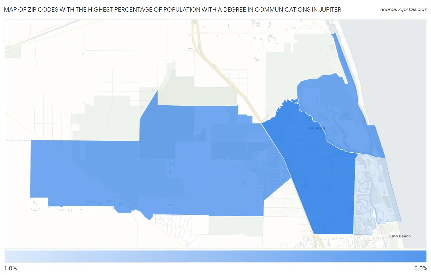 Zip Codes with the Highest Percentage of Population with a Degree in Communications in Jupiter Map