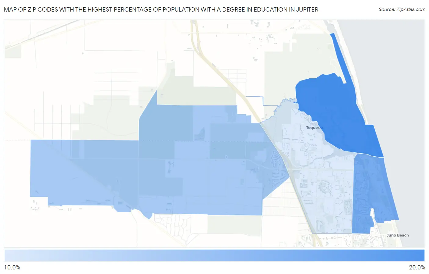 Zip Codes with the Highest Percentage of Population with a Degree in Education in Jupiter Map