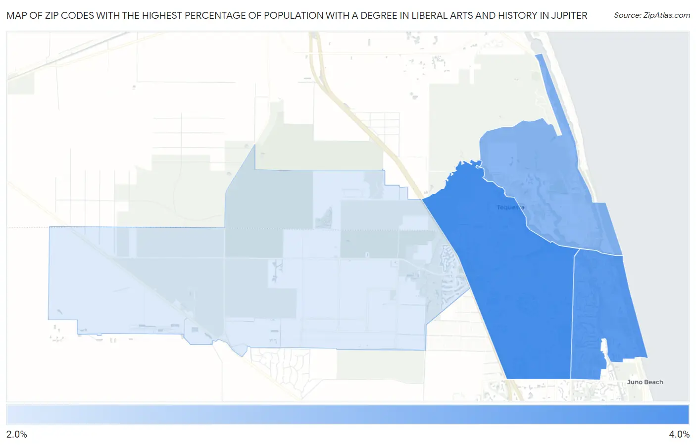 Zip Codes with the Highest Percentage of Population with a Degree in Liberal Arts and History in Jupiter Map
