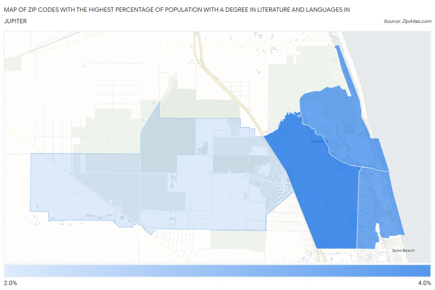 Zip Codes with the Highest Percentage of Population with a Degree in Literature and Languages in Jupiter Map