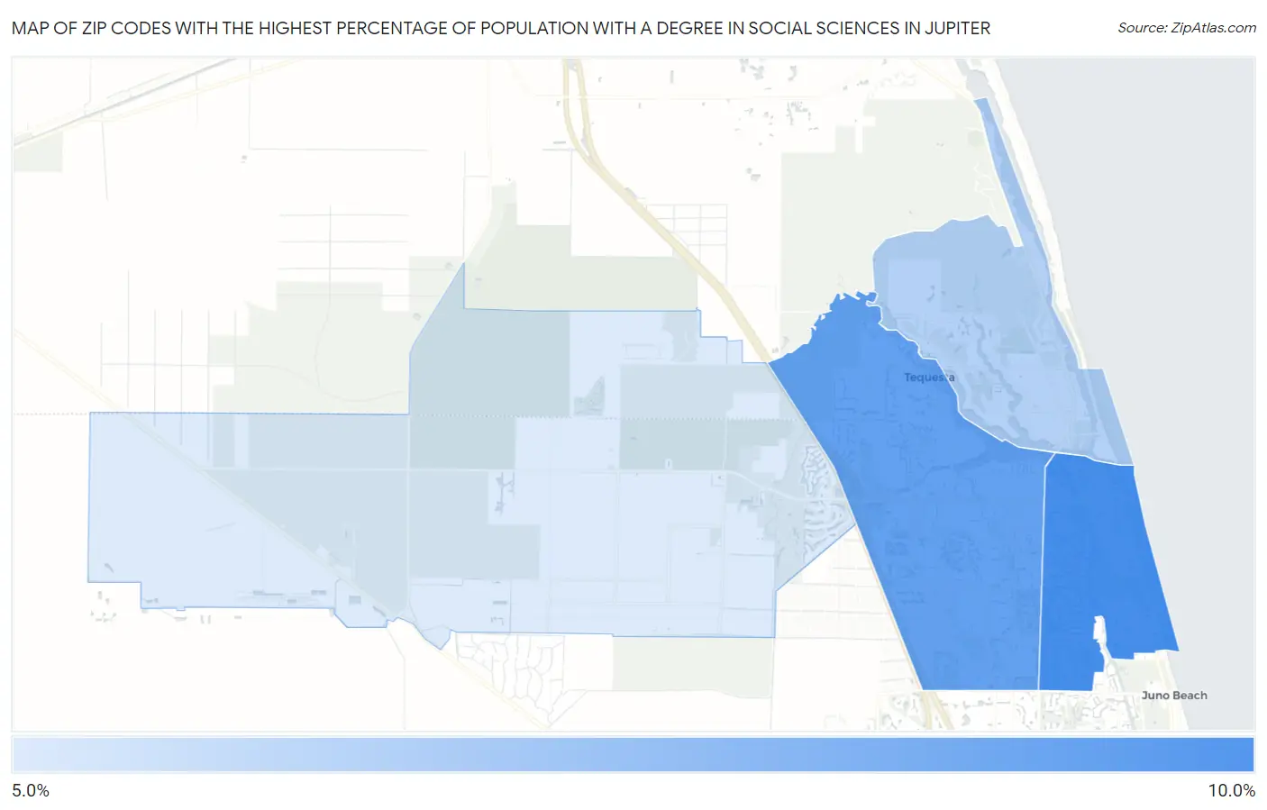 Zip Codes with the Highest Percentage of Population with a Degree in Social Sciences in Jupiter Map