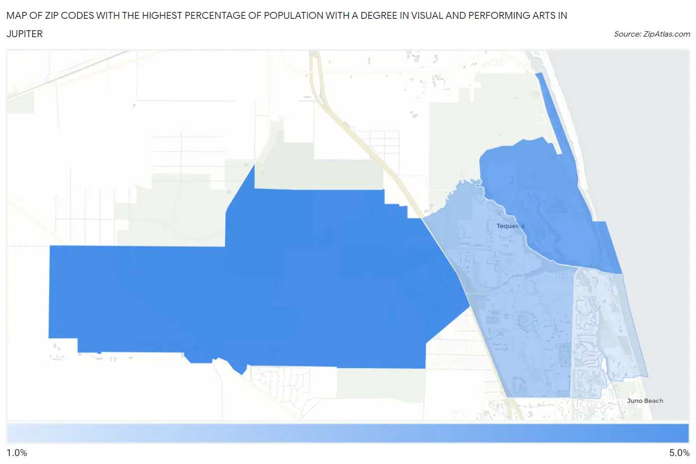 Zip Codes with the Highest Percentage of Population with a Degree in Visual and Performing Arts in Jupiter Map