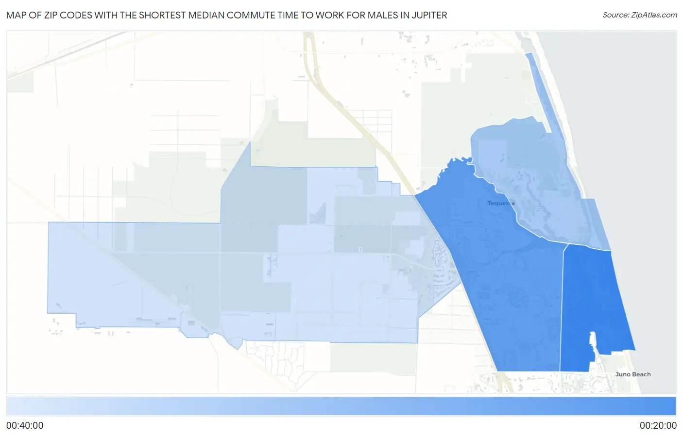 Zip Codes with the Shortest Median Commute Time to Work for Males in Jupiter Map