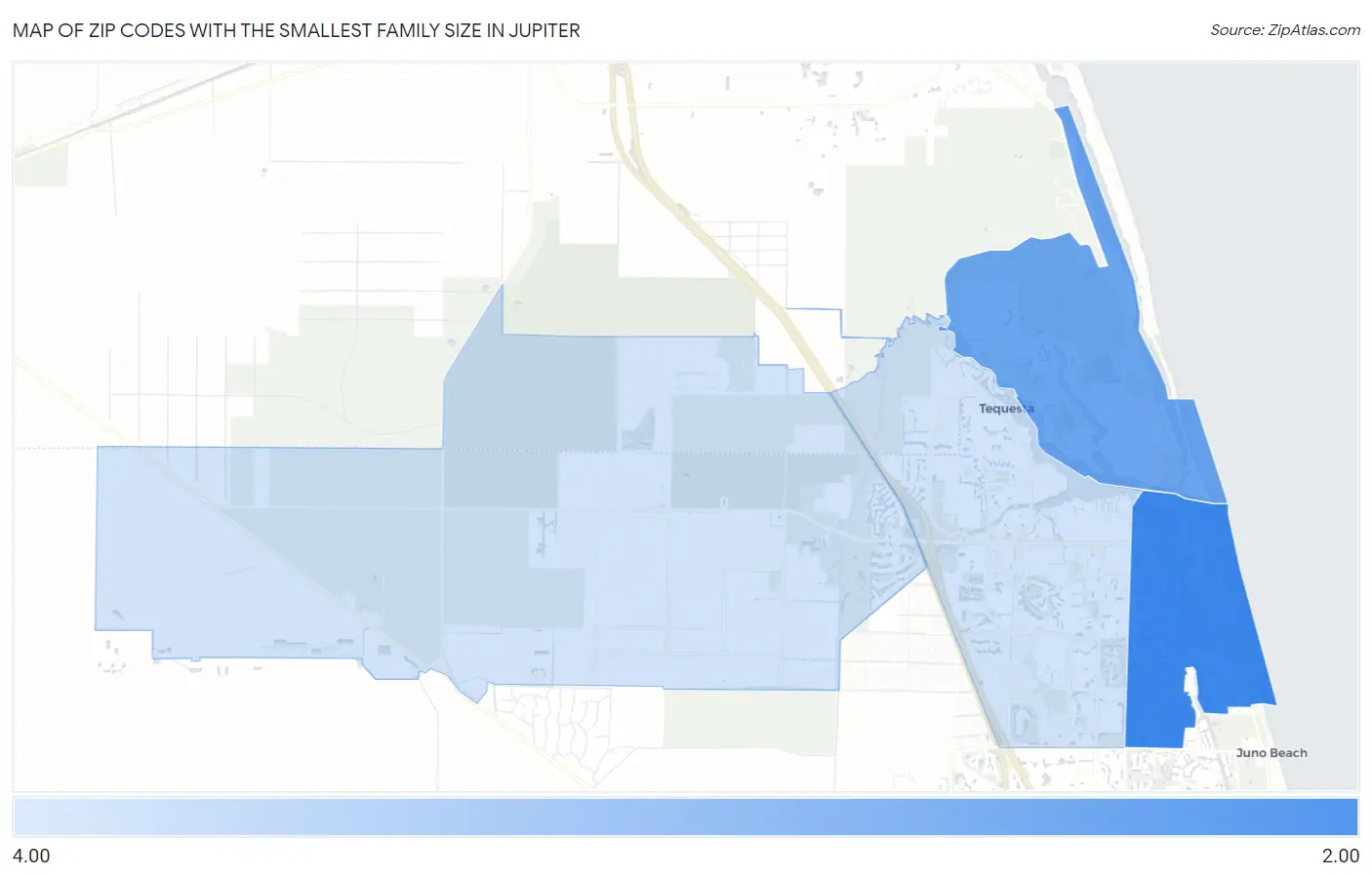 Zip Codes with the Smallest Family Size in Jupiter Map