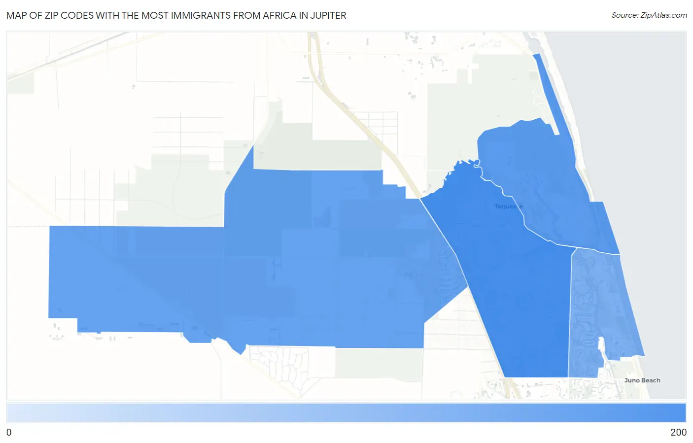 Zip Codes with the Most Immigrants from Africa in Jupiter Map