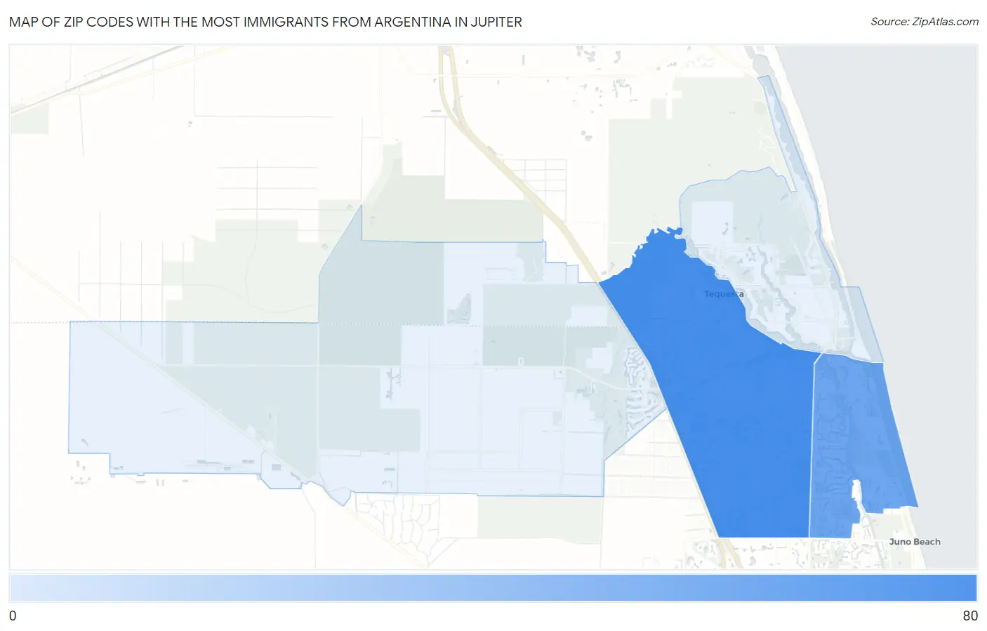 Zip Codes with the Most Immigrants from Argentina in Jupiter Map