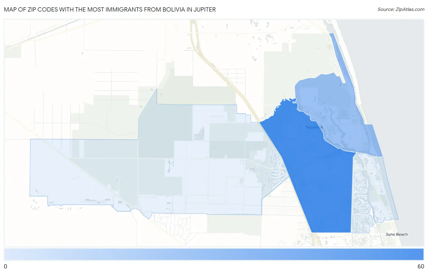 Zip Codes with the Most Immigrants from Bolivia in Jupiter Map