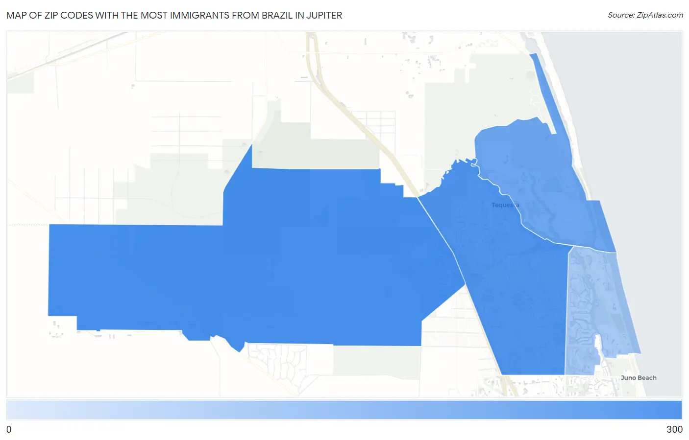 Zip Codes with the Most Immigrants from Brazil in Jupiter Map