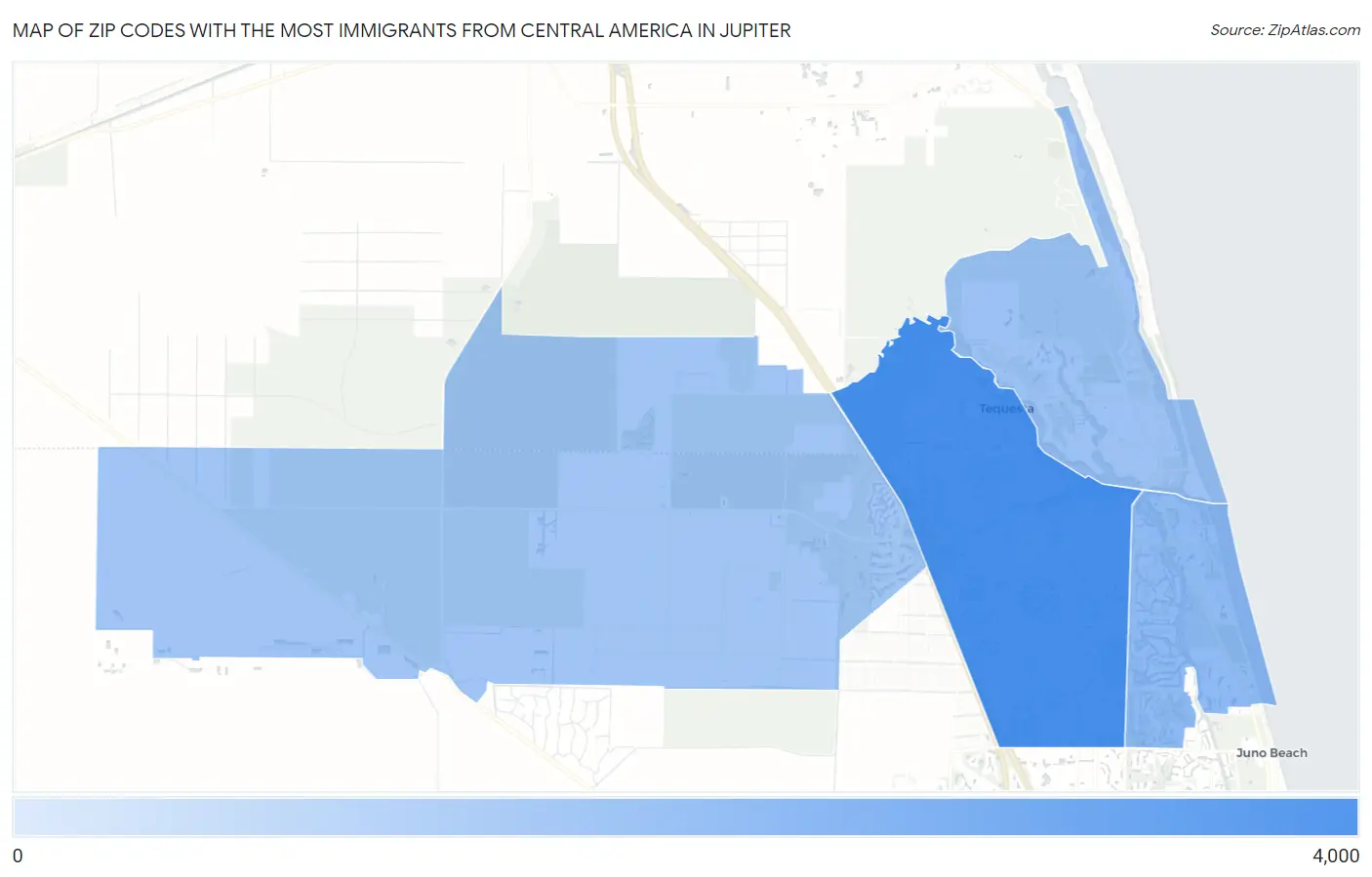 Zip Codes with the Most Immigrants from Central America in Jupiter Map