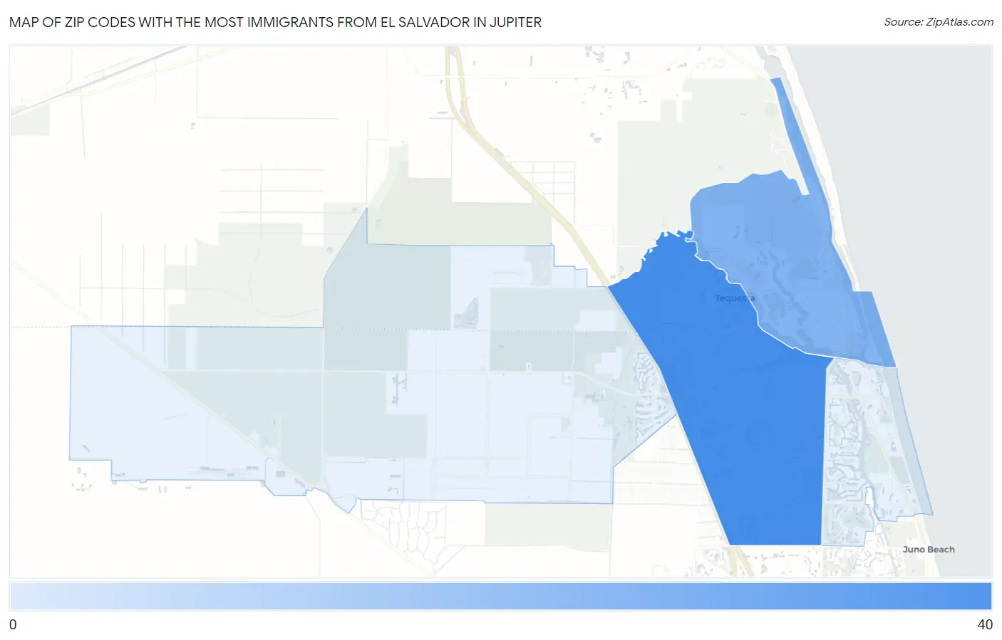 Zip Codes with the Most Immigrants from El Salvador in Jupiter Map