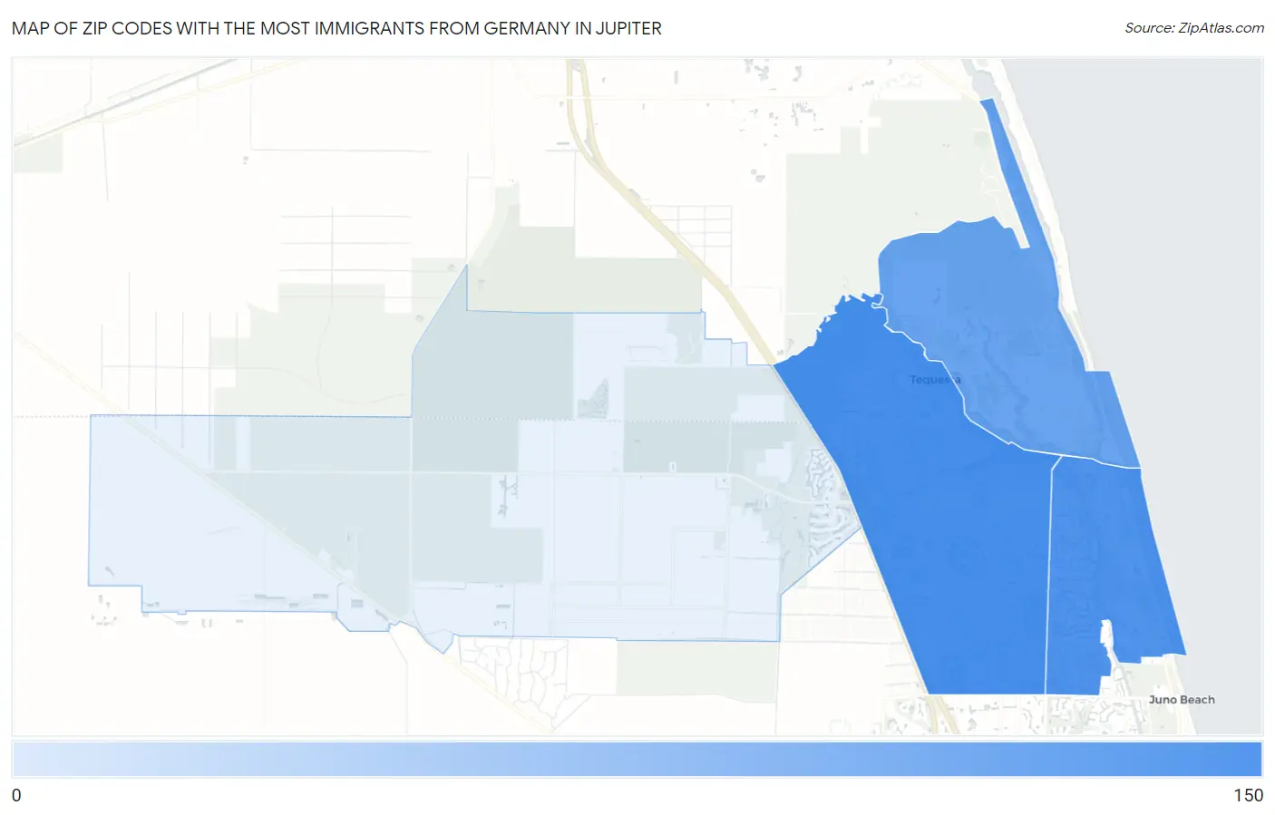 Zip Codes with the Most Immigrants from Germany in Jupiter Map