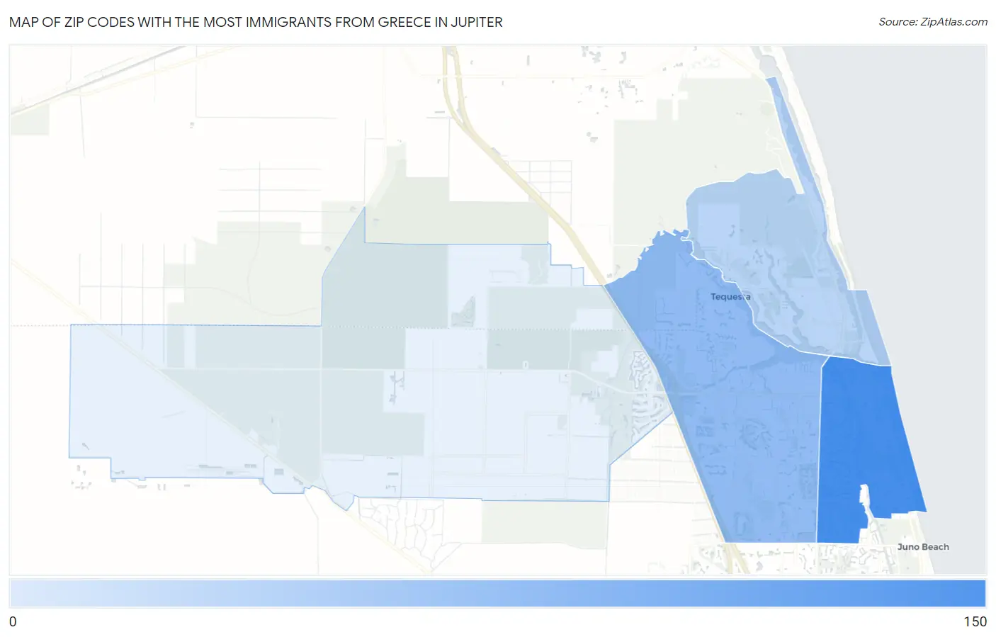 Zip Codes with the Most Immigrants from Greece in Jupiter Map