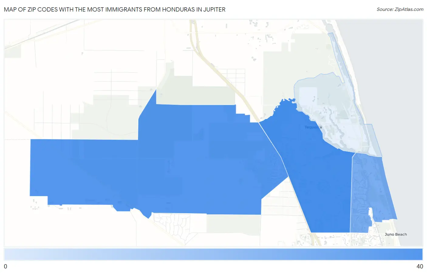 Zip Codes with the Most Immigrants from Honduras in Jupiter Map