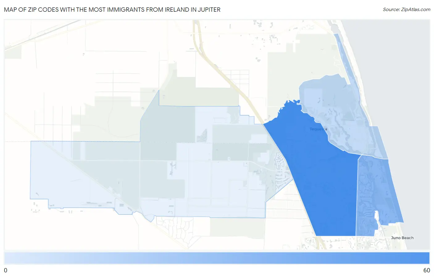 Zip Codes with the Most Immigrants from Ireland in Jupiter Map