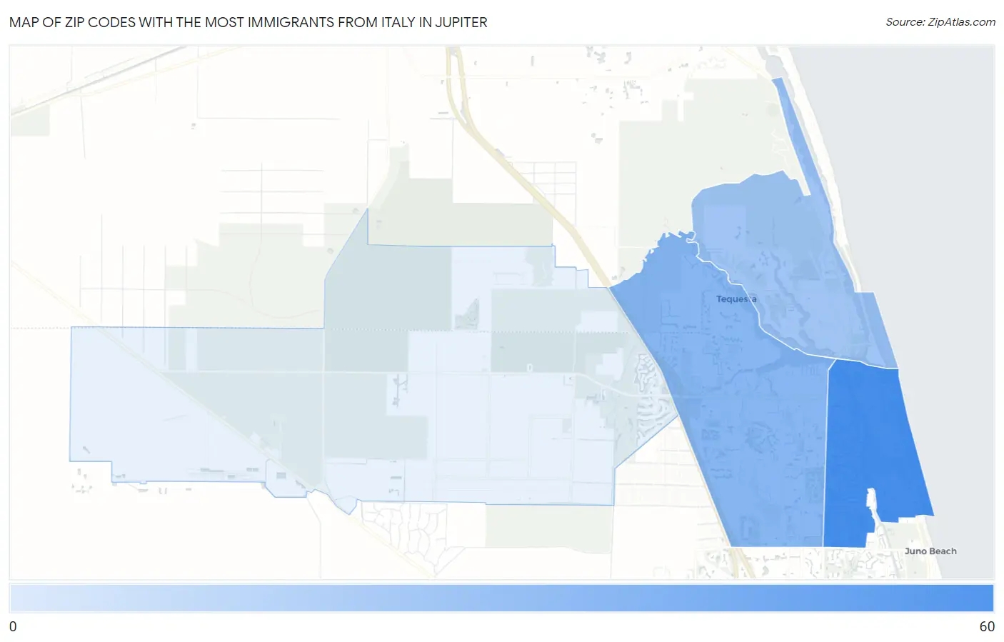 Zip Codes with the Most Immigrants from Italy in Jupiter Map
