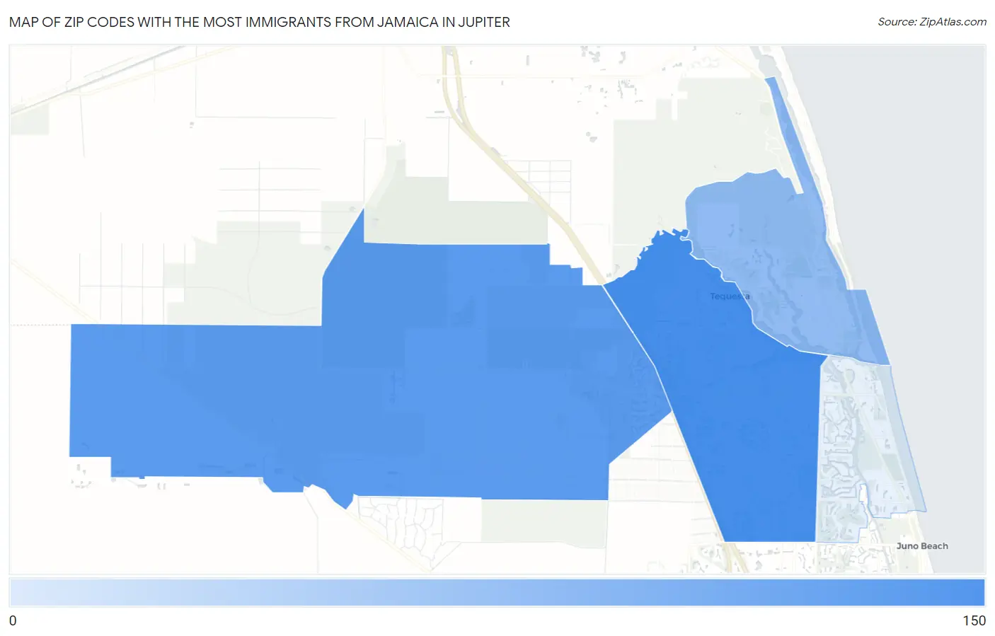 Zip Codes with the Most Immigrants from Jamaica in Jupiter Map