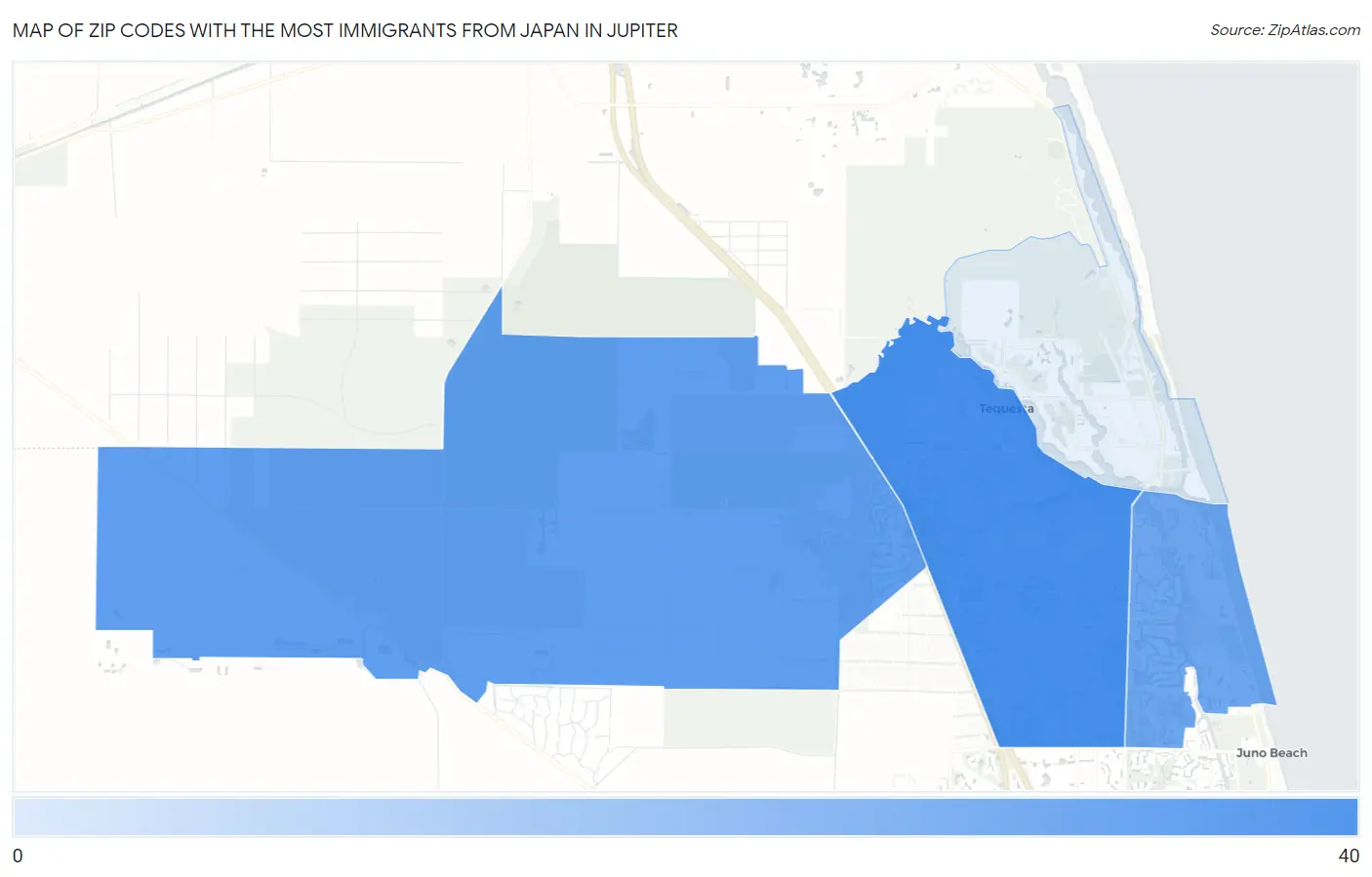 Zip Codes with the Most Immigrants from Japan in Jupiter Map