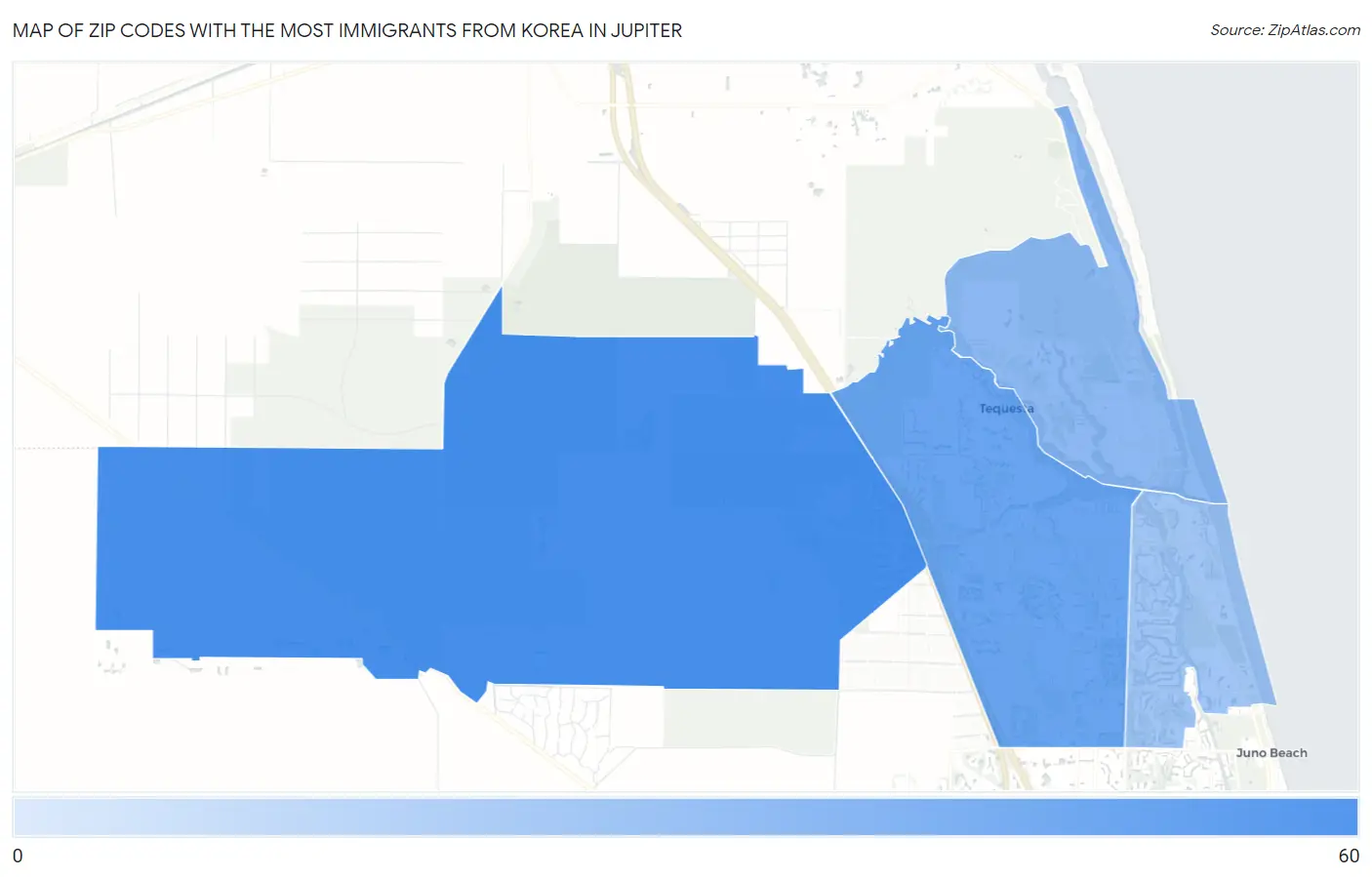 Zip Codes with the Most Immigrants from Korea in Jupiter Map