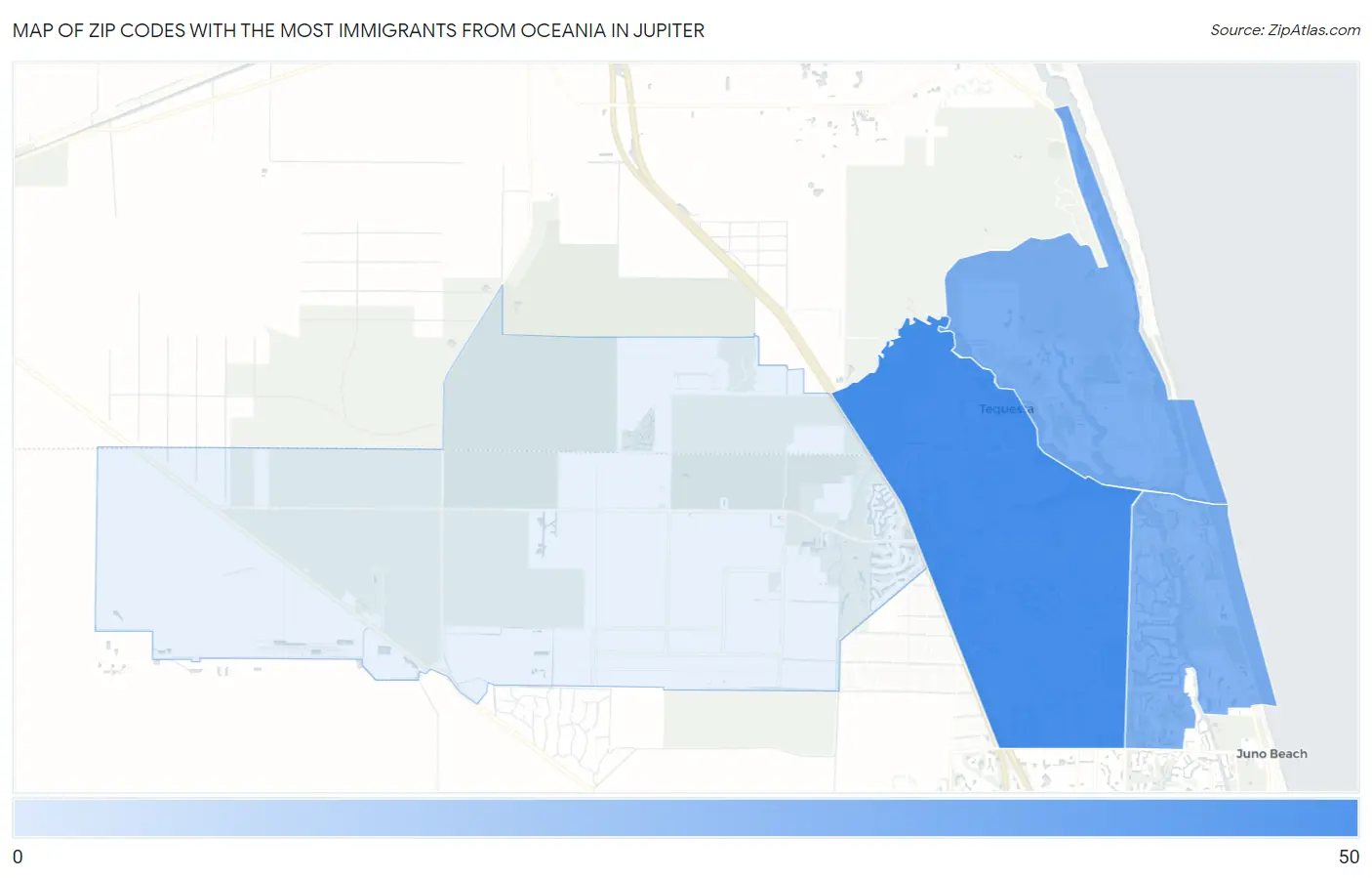 Zip Codes with the Most Immigrants from Oceania in Jupiter Map