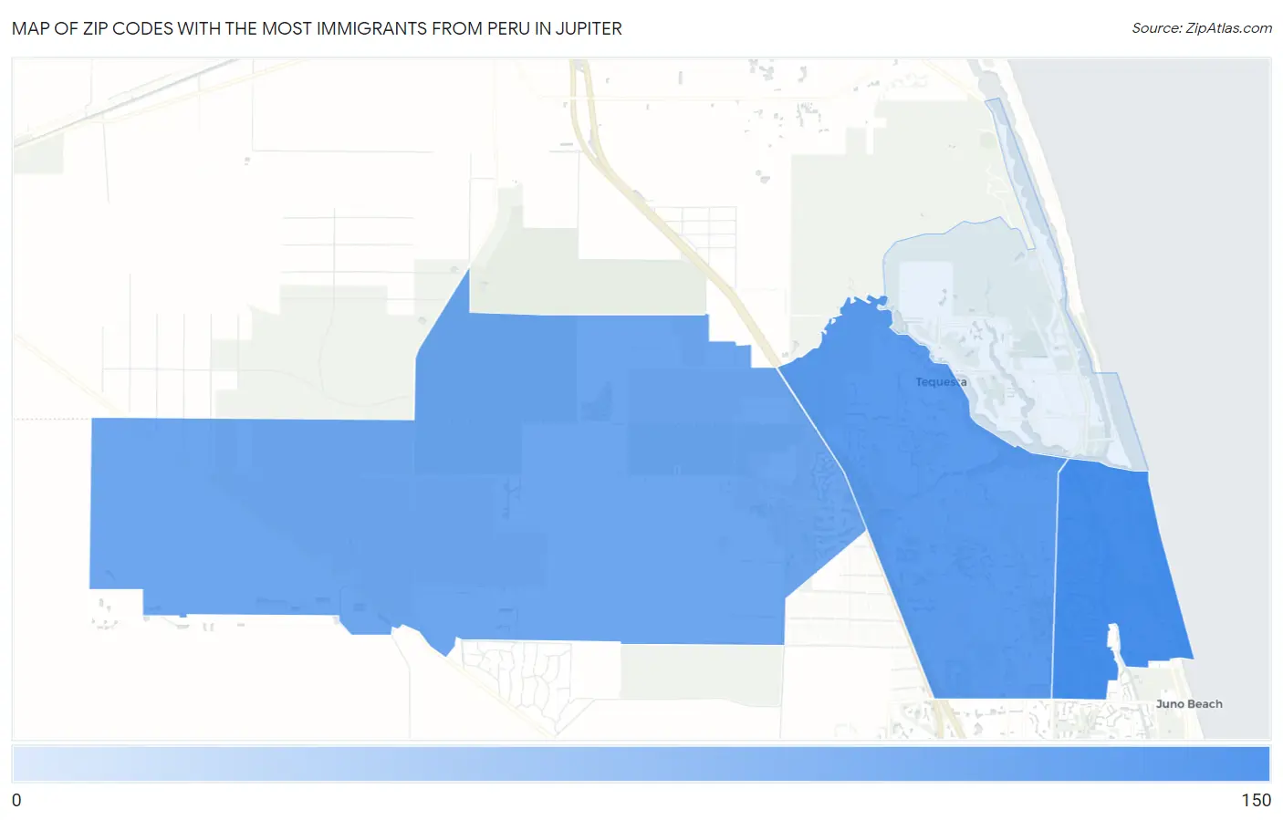 Zip Codes with the Most Immigrants from Peru in Jupiter Map