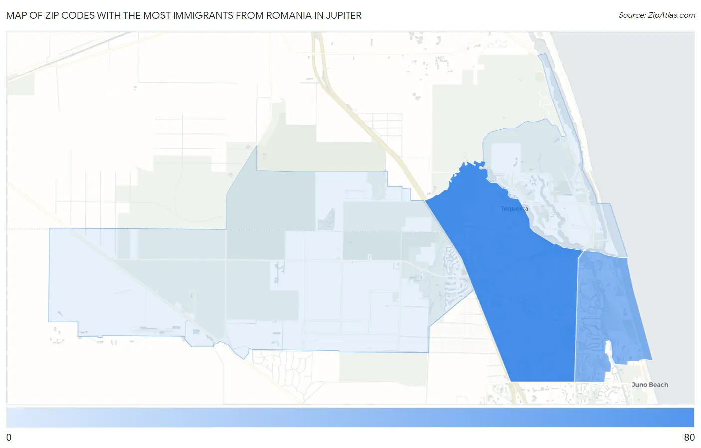 Zip Codes with the Most Immigrants from Romania in Jupiter Map