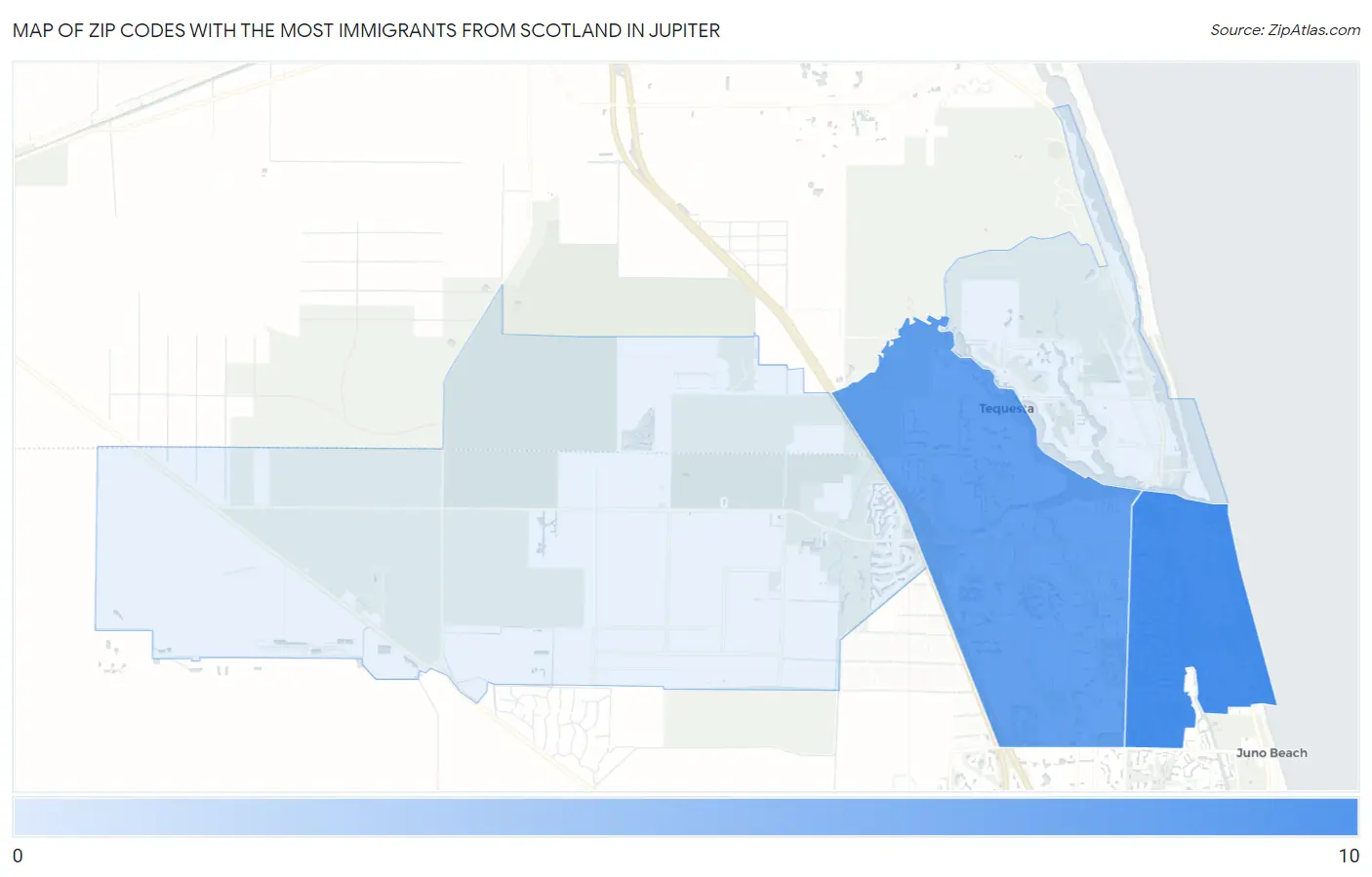 Zip Codes with the Most Immigrants from Scotland in Jupiter Map