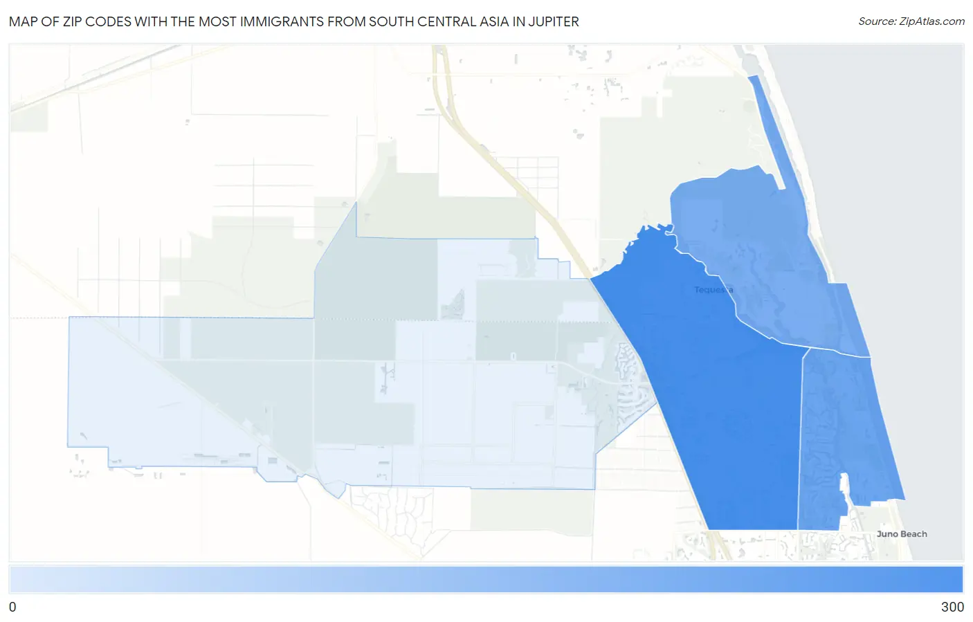 Zip Codes with the Most Immigrants from South Central Asia in Jupiter Map