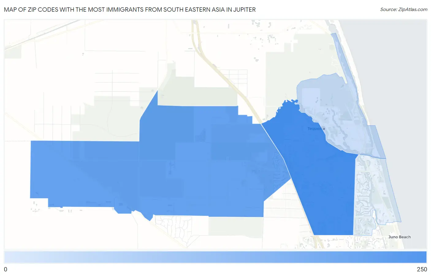Zip Codes with the Most Immigrants from South Eastern Asia in Jupiter Map