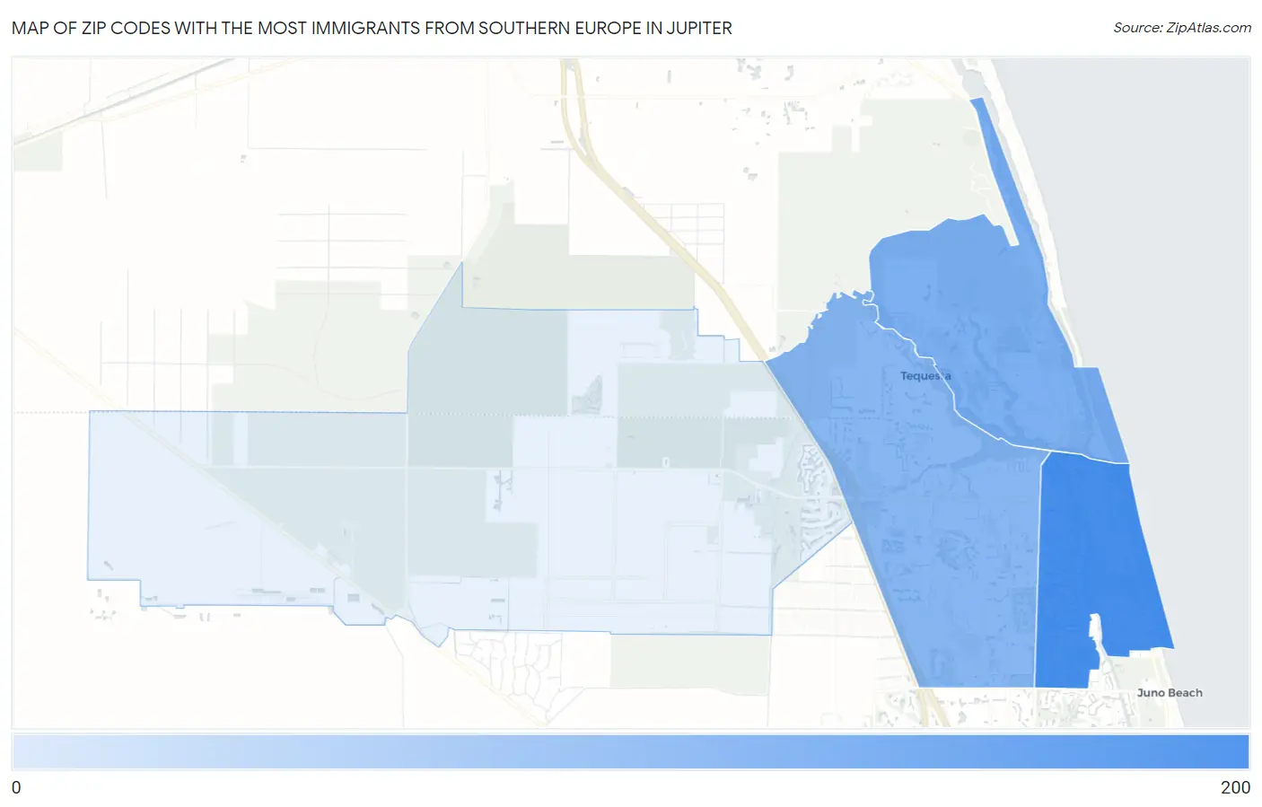 Zip Codes with the Most Immigrants from Southern Europe in Jupiter Map