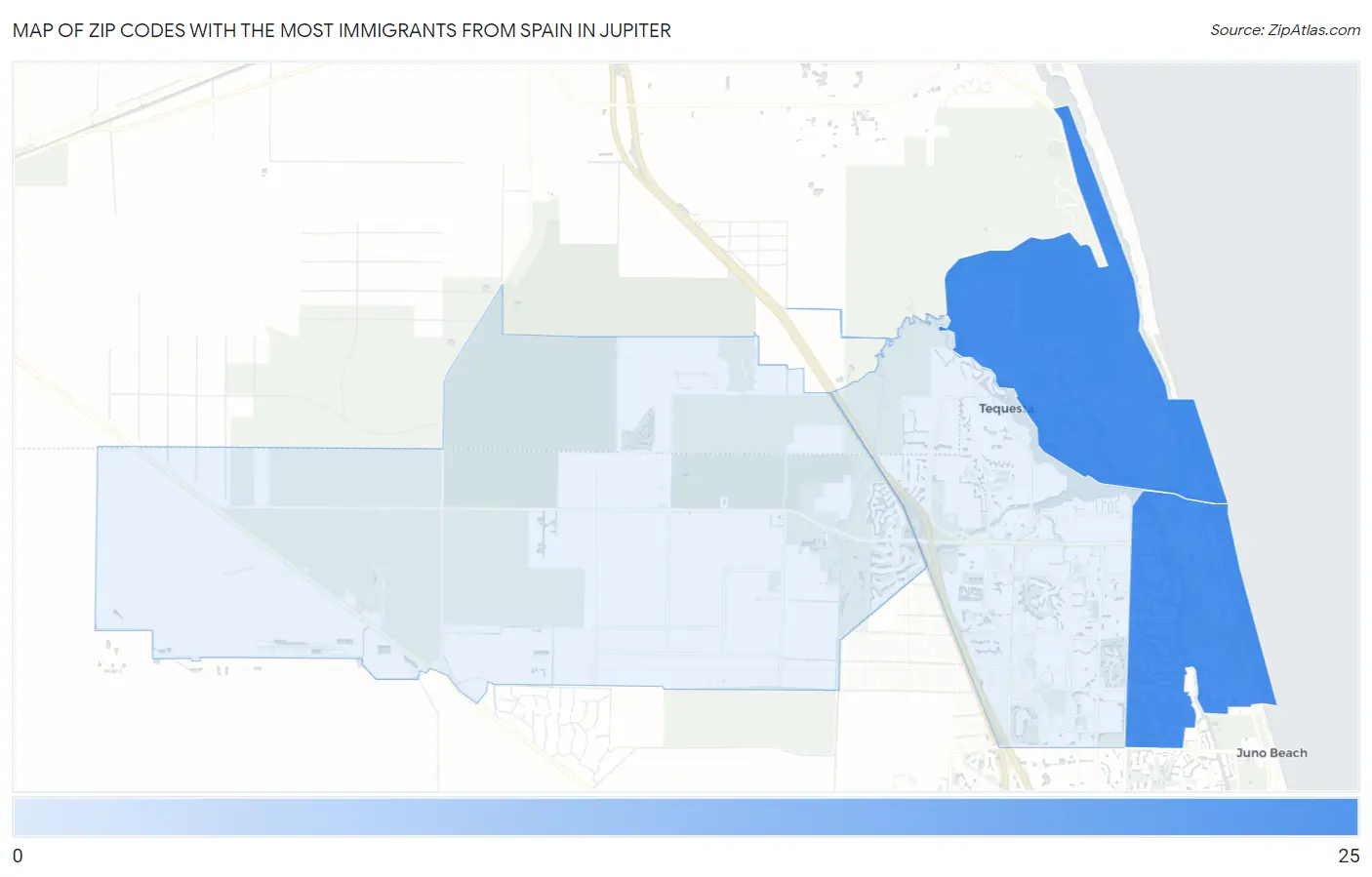 Zip Codes with the Most Immigrants from Spain in Jupiter Map