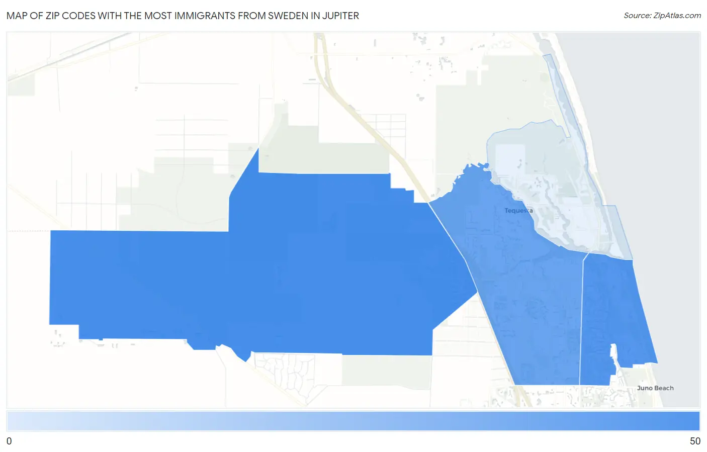 Zip Codes with the Most Immigrants from Sweden in Jupiter Map