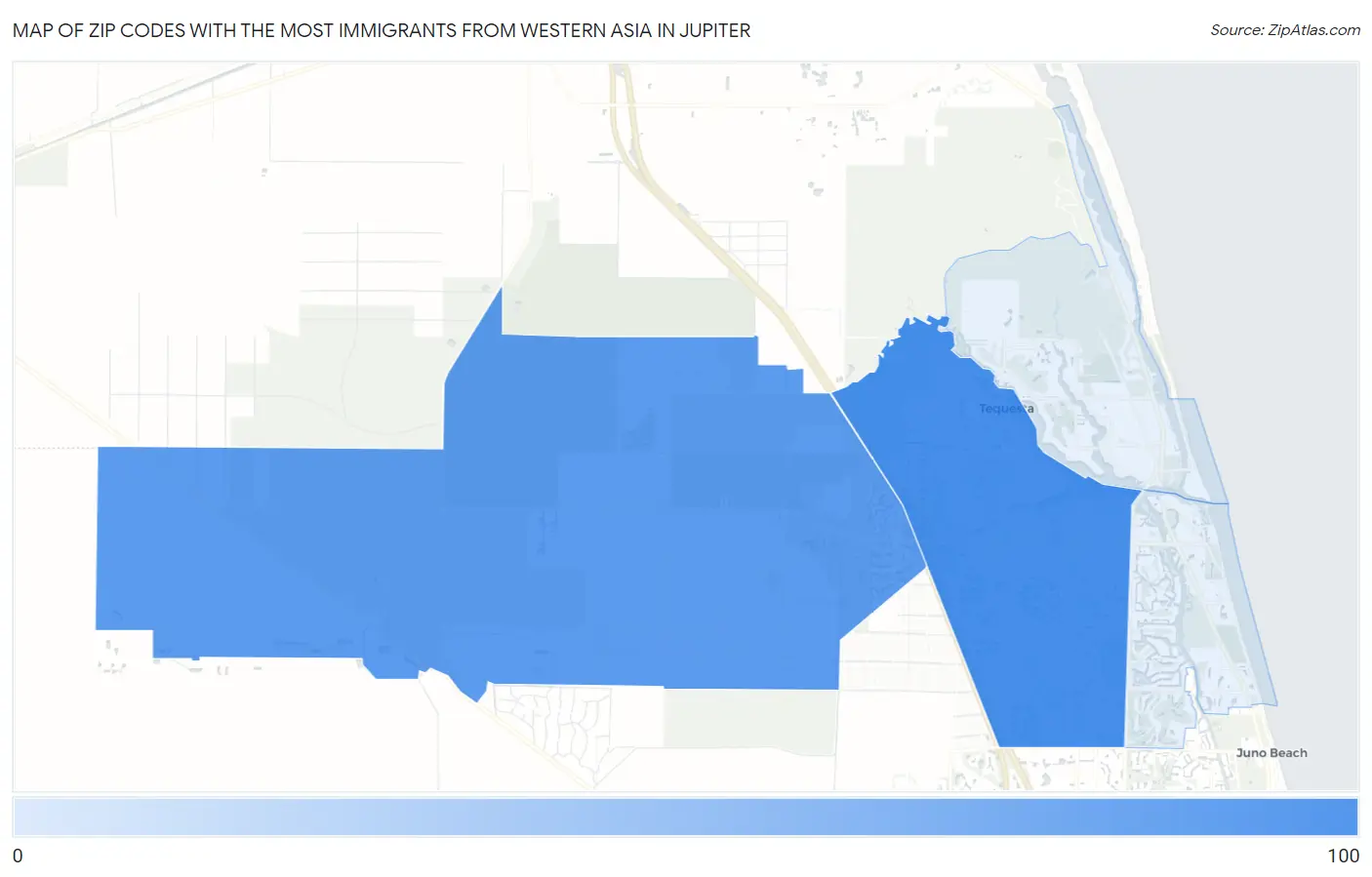 Zip Codes with the Most Immigrants from Western Asia in Jupiter Map