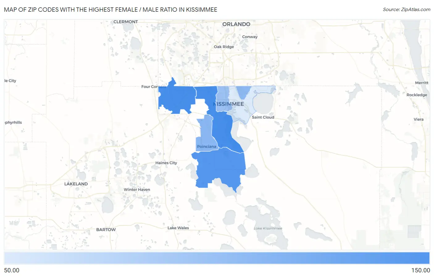 Zip Codes with the Highest Female / Male Ratio in Kissimmee Map