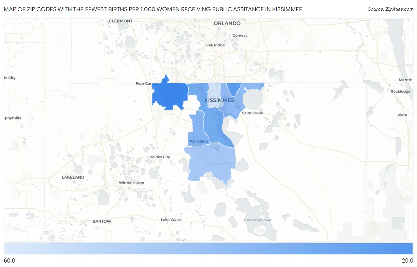 Zip Codes with the Fewest Births per 1,000 Women Receiving Public Assitance in Kissimmee Map